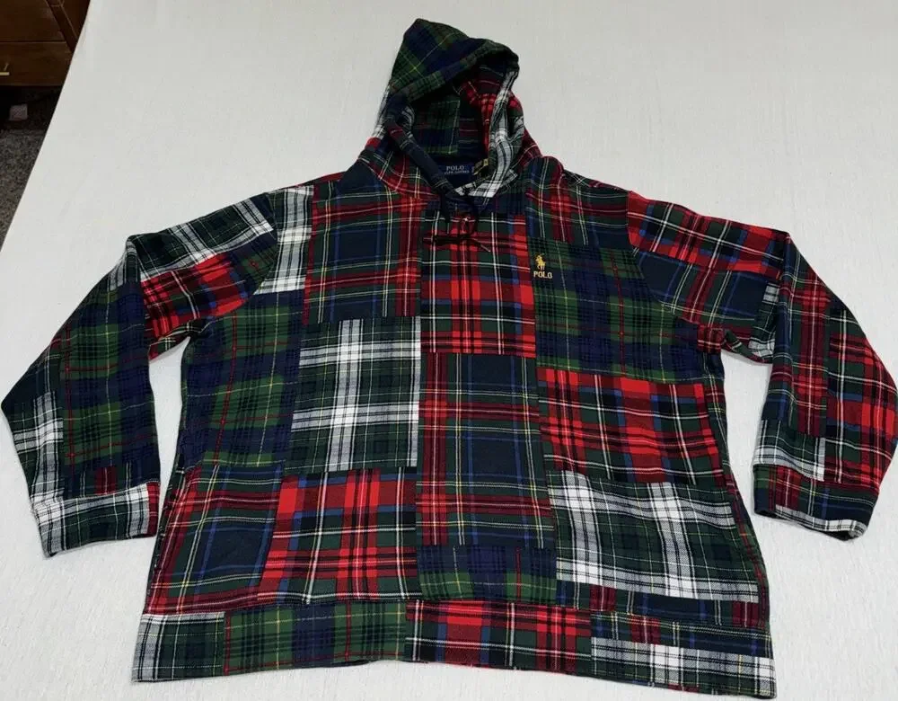 NEW POLO RALPH LAUREN Patchwork Plaid Fleece Hoodie Mixed Tartan Men's Sz 2XL